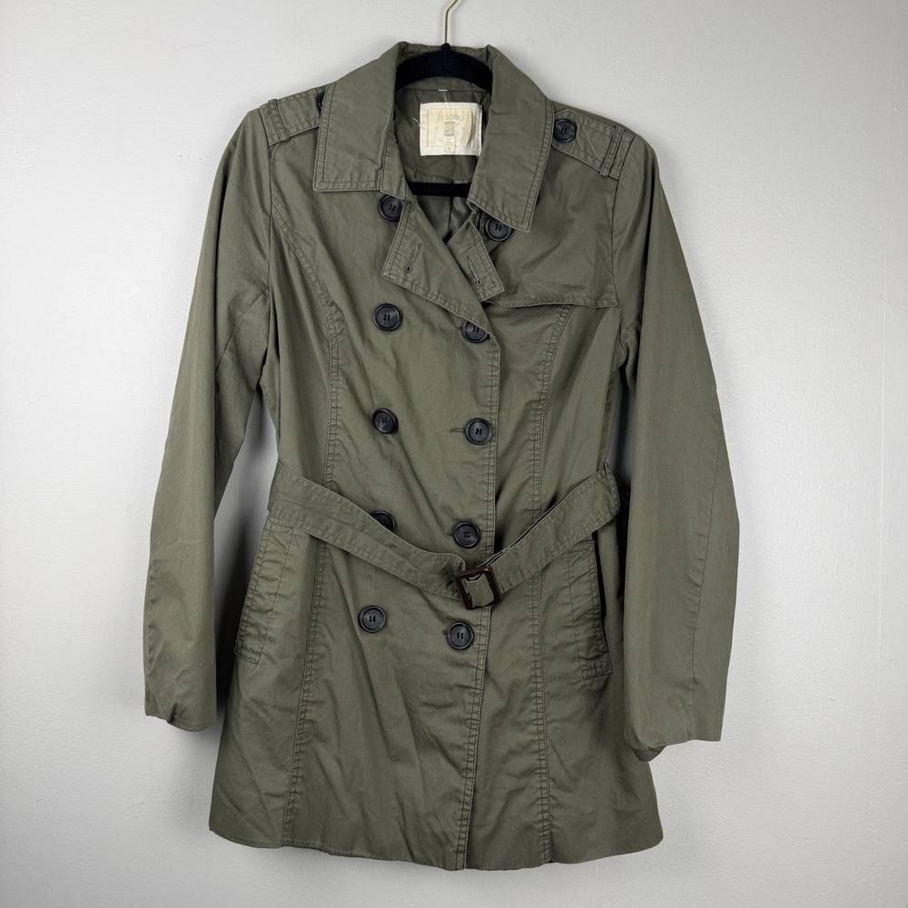 Ci Sono Trench Coat Womens Medium Olive Green 100% Cotton Belted Double-Breasted